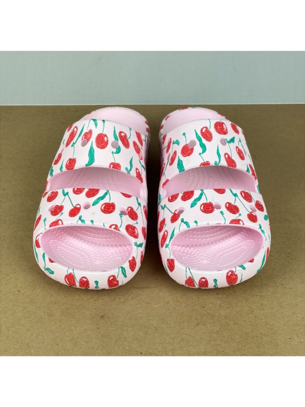 Crocs Pink Cherry Pattern Slide Sandals Womens 9 Pink Red Green Slip On - Picture 2 of 10